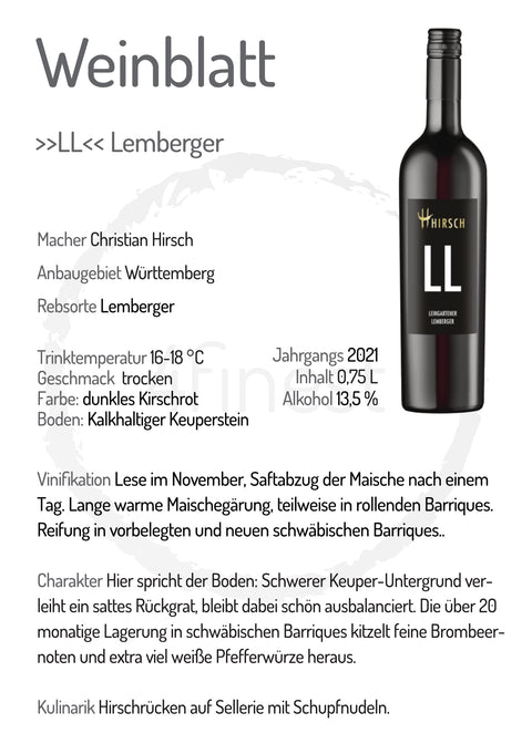 Hirsch Weine | »LL« Leingartener Lemberger | Württemberg | 6er Karton