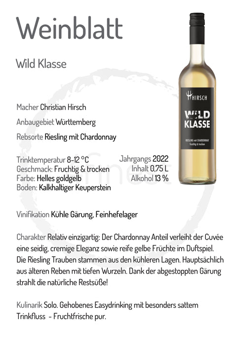 Hirsch Weine | Wild Klasse RIESLING mit CHARDONNAY | Württemberg | 6er Karton